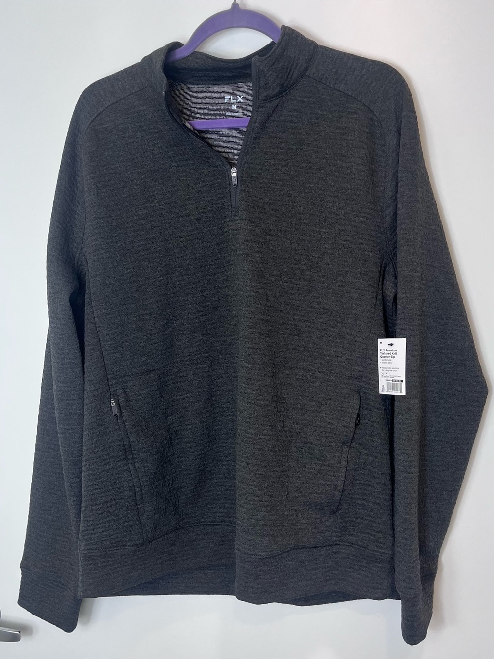 FLX Premium Textured Knit
Quarter-Zip Medium Charcoal Gray Sweater‎ Full Zip NWT - Picture 2 of 7